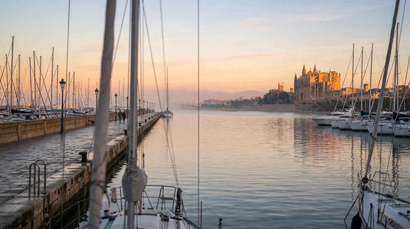 La bahía de Palma y la catedral al amanecer desde el puerto