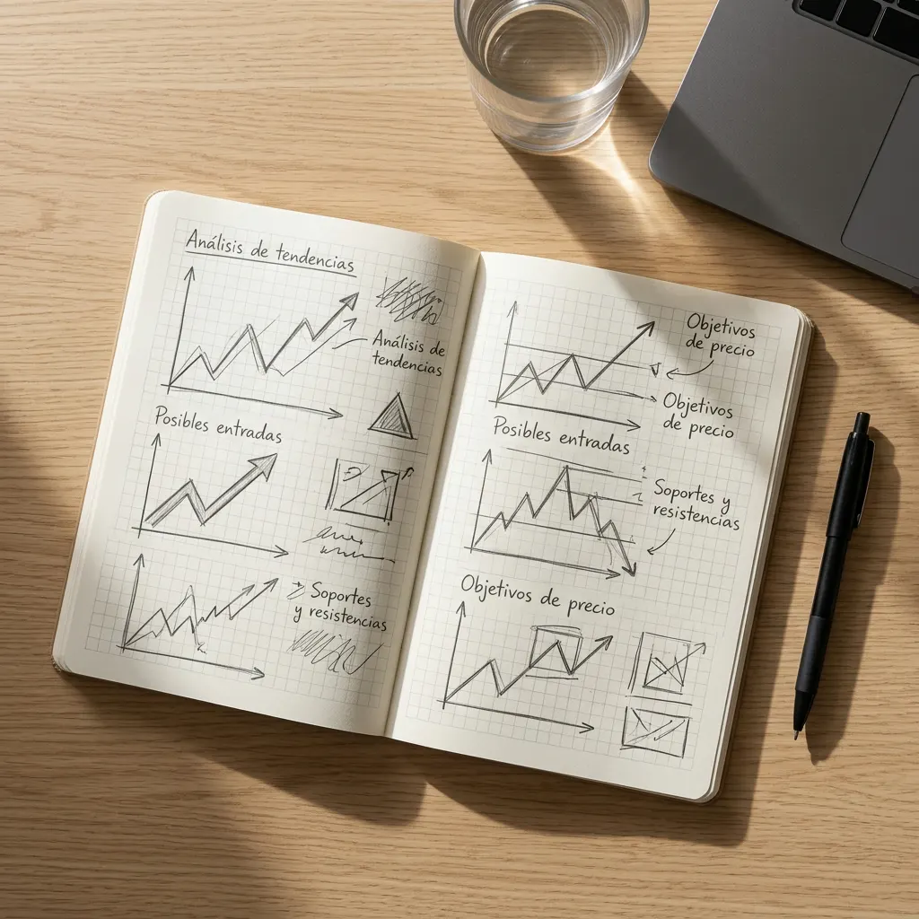 Cuaderno abierto con esbozos de gráficos y un bolígrafo sobre una mesa de madera