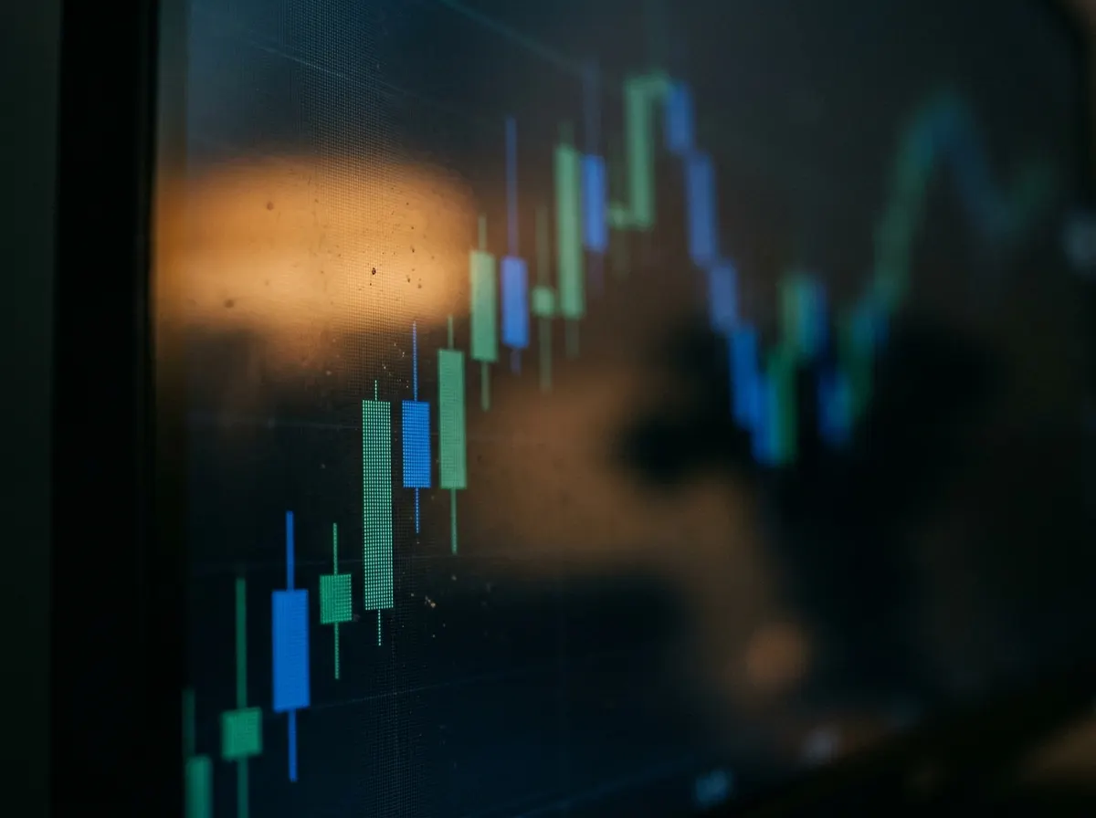 Velas de un gráfico de mercado en una pantalla, en primer plano